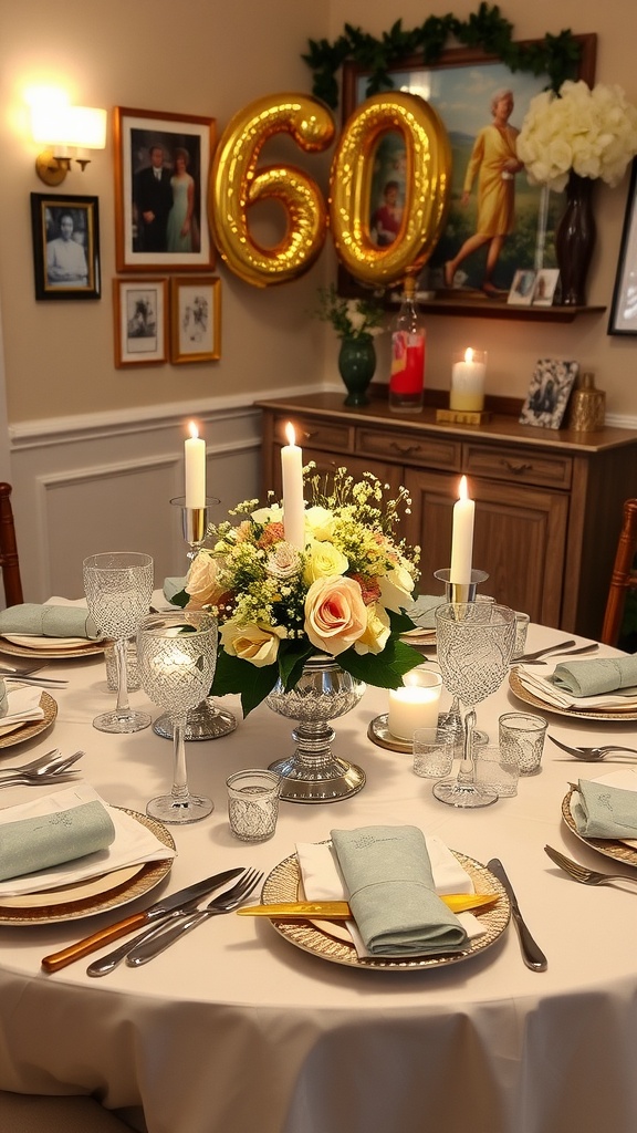 Elegant dinner table for a 60th birthday with gold and silver decor, candlelight, and floral centerpieces.